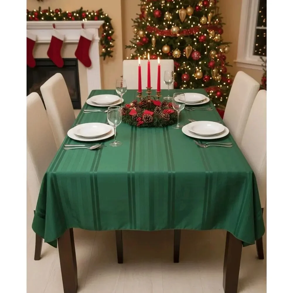 Vtg Green Striped Classic Kitchen Dining Decor Rectangle Tablecloth 70